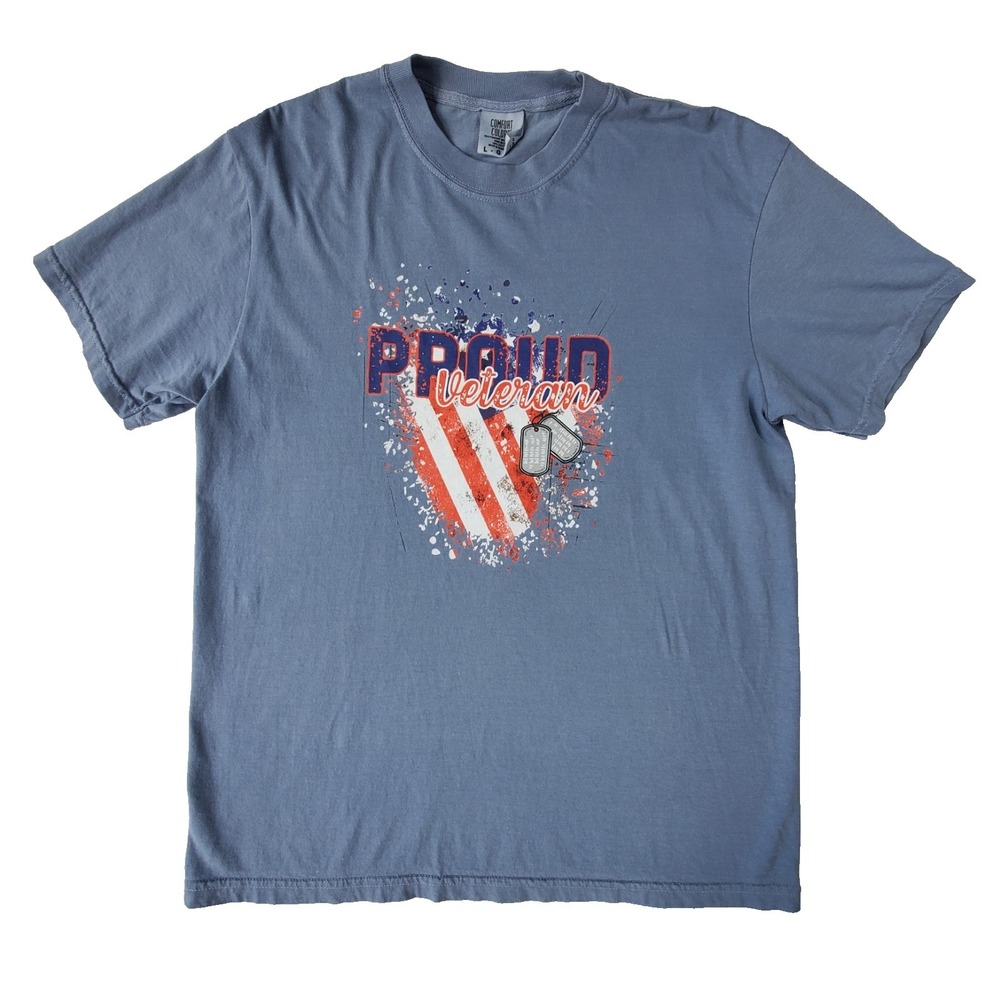 Comfort Colors Proud Veteran‎ Graphic T Shirt Blue Patriotic Large